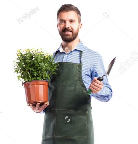 a man in an apron holding a potted plant.