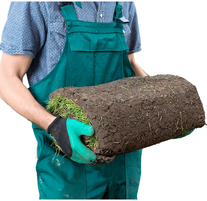 a man holding a large roll of dirt and grass.