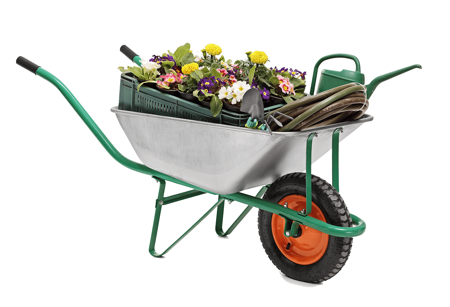a wheelbarrow filled with flowers on a green background.