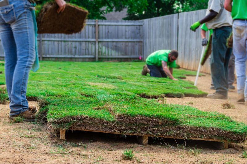 Professionals installing rolls of sod for homeowner.