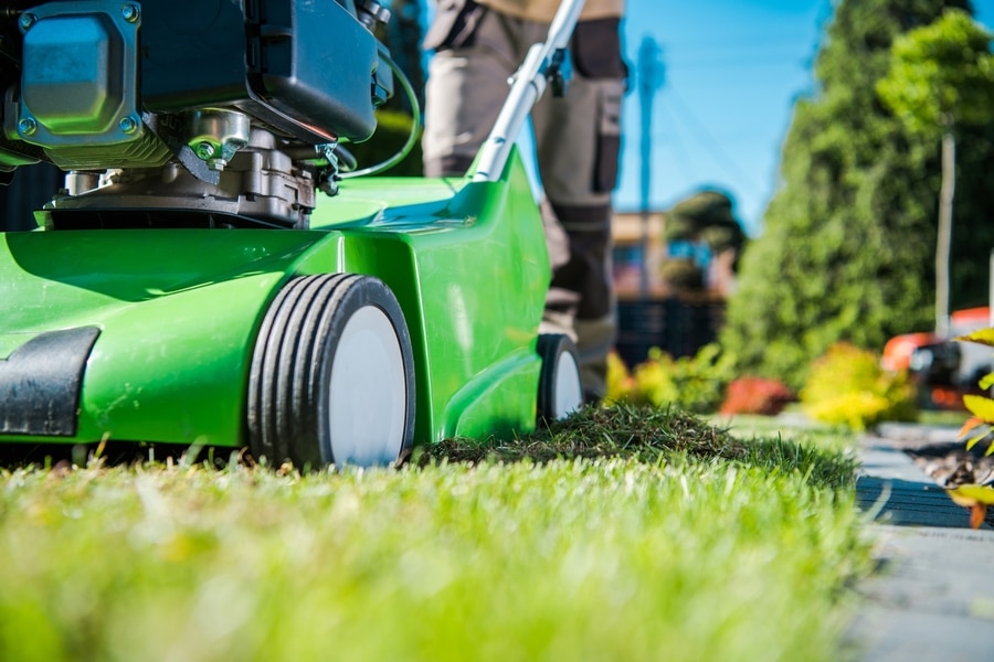 a man mowing the grass with a green lawnmower.
