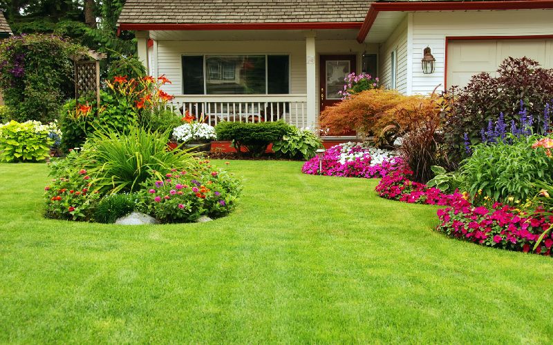A lawn with flowers and bushes in front of a house.