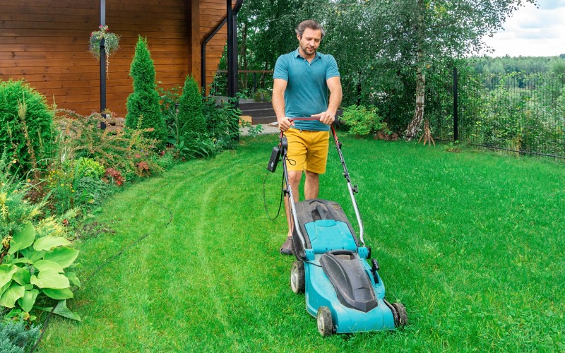 lawn care mowing grass electric lawn mower young man mows