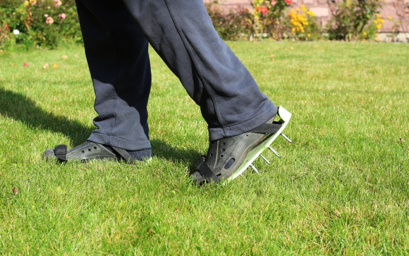 man shoes spikes aerating lawn garden care